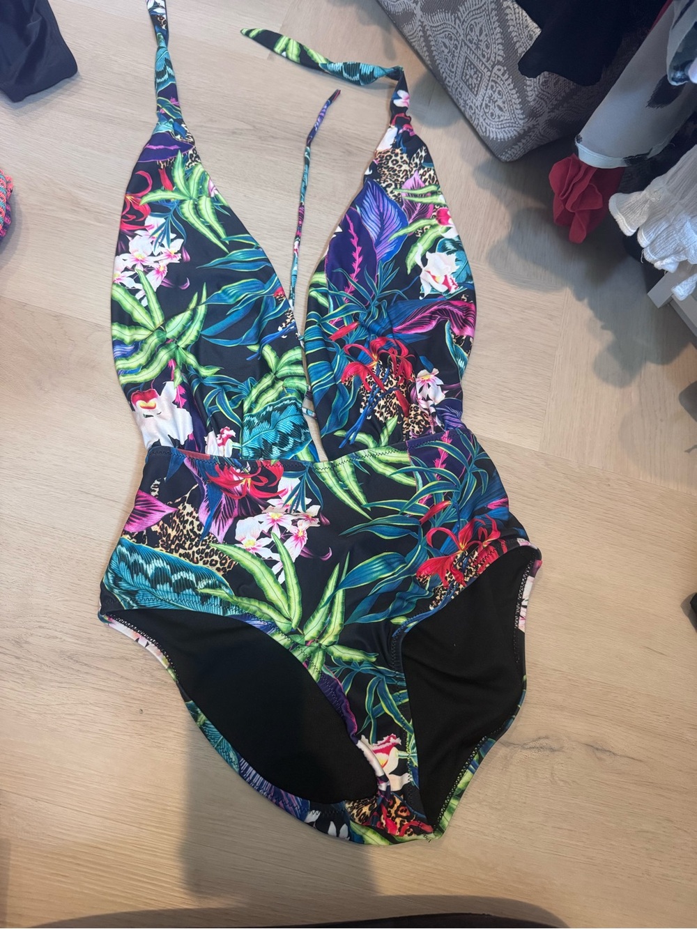 Missguided Tropical Floral One-Piece Swimsuit in Black with Green & Blue